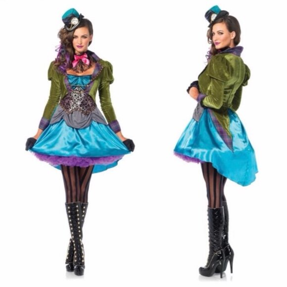 Leg Avenue Dresses & Skirts - Leg Avenue Deluxe Mad Hatter Costume With Hat & Neck Ruffle 3 Pc Size M Green/Bl